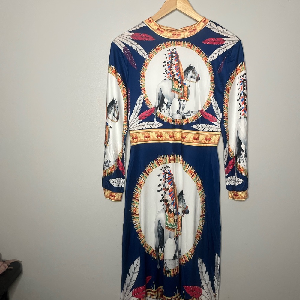 Elegant Blue and White Long Sleeve Mock Neck Sheath Dress